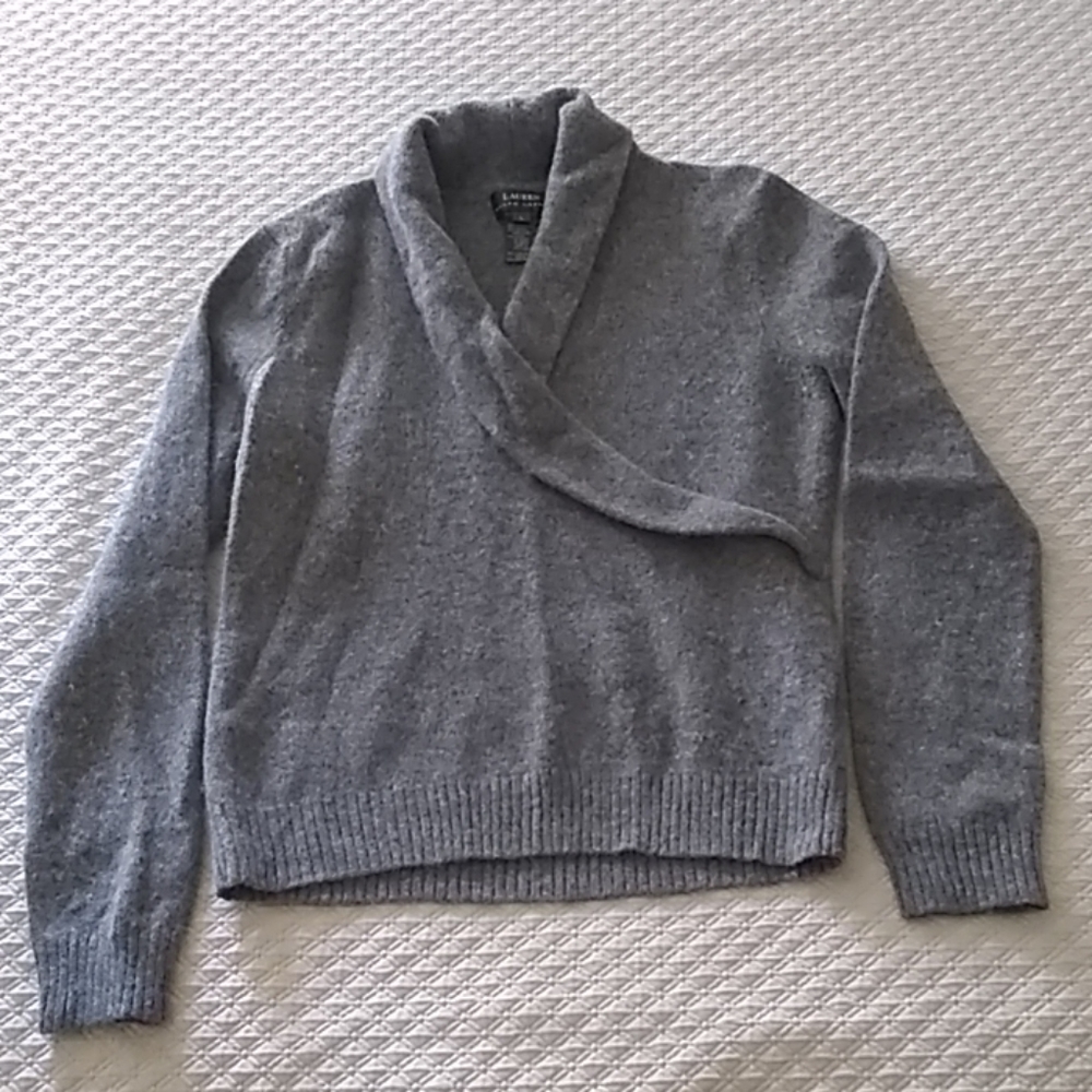 Vintage Lauren Ralph Lauren Sz L Lambswool Angora Faux Wrap Sweater Shawl Collar